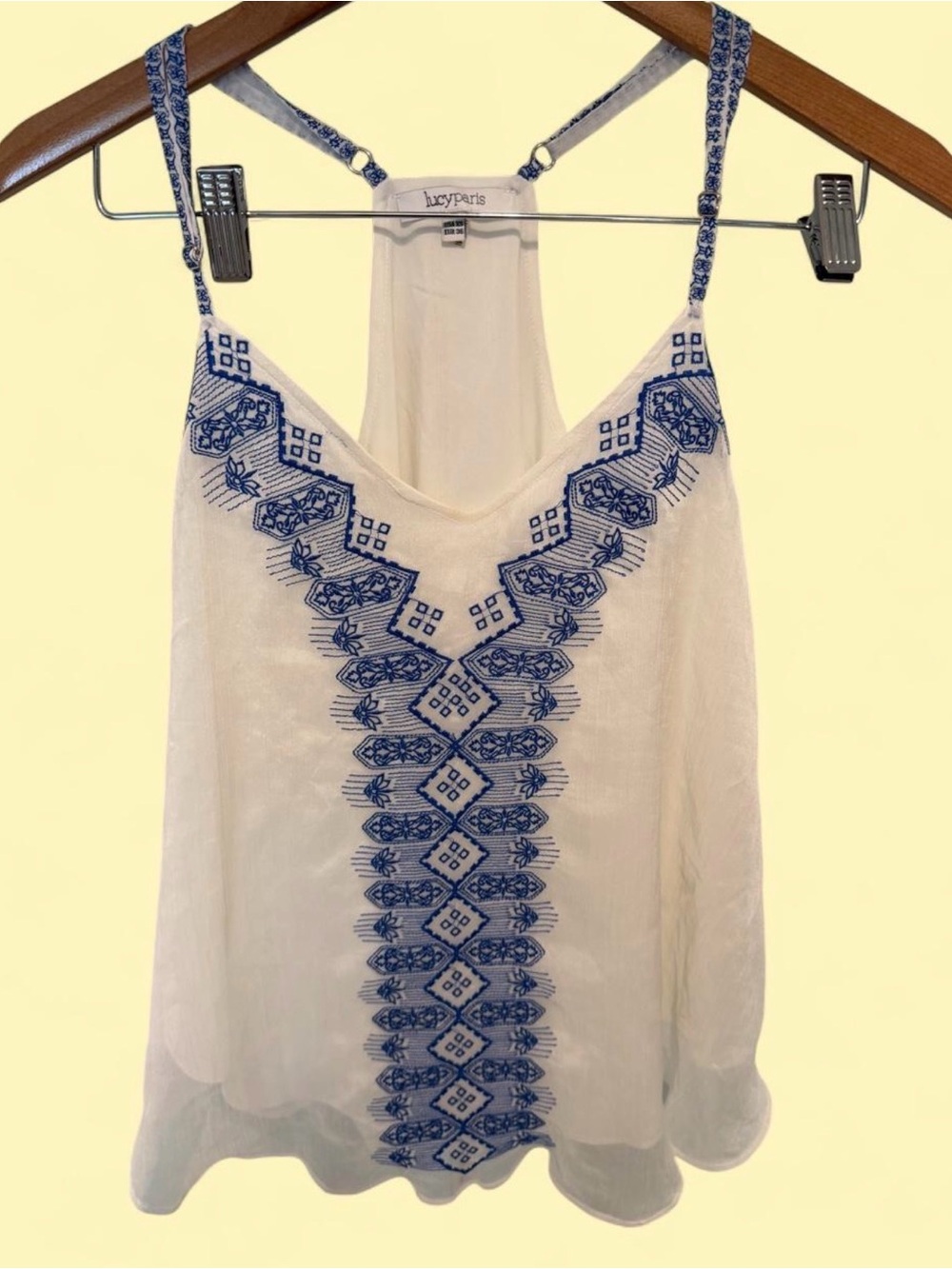 Lucy Paris White Camisole with Blue Embroidered V-Front